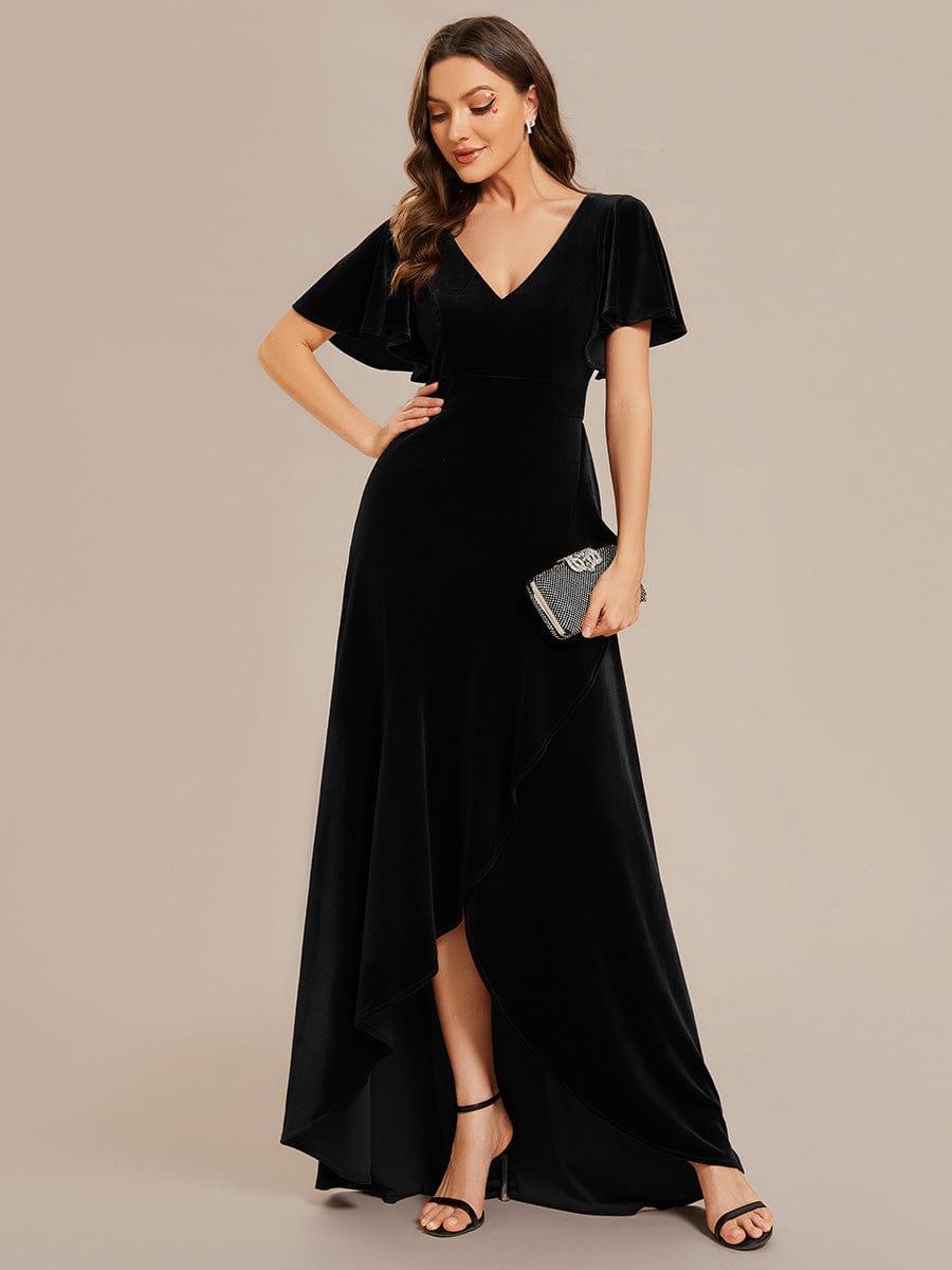 Double V-Neck Short Sleeves Stretchy Velvet Evening Dress with Lotus Leaf Hem #color_Black