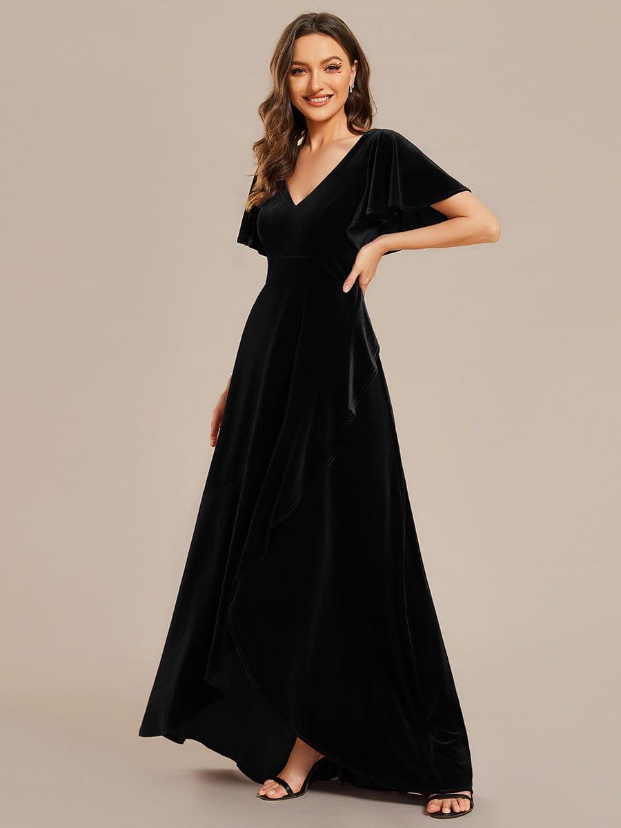 Double V-Neck Short Sleeves Stretchy Velvet Evening Dress with Lotus Leaf Hem #color_Black