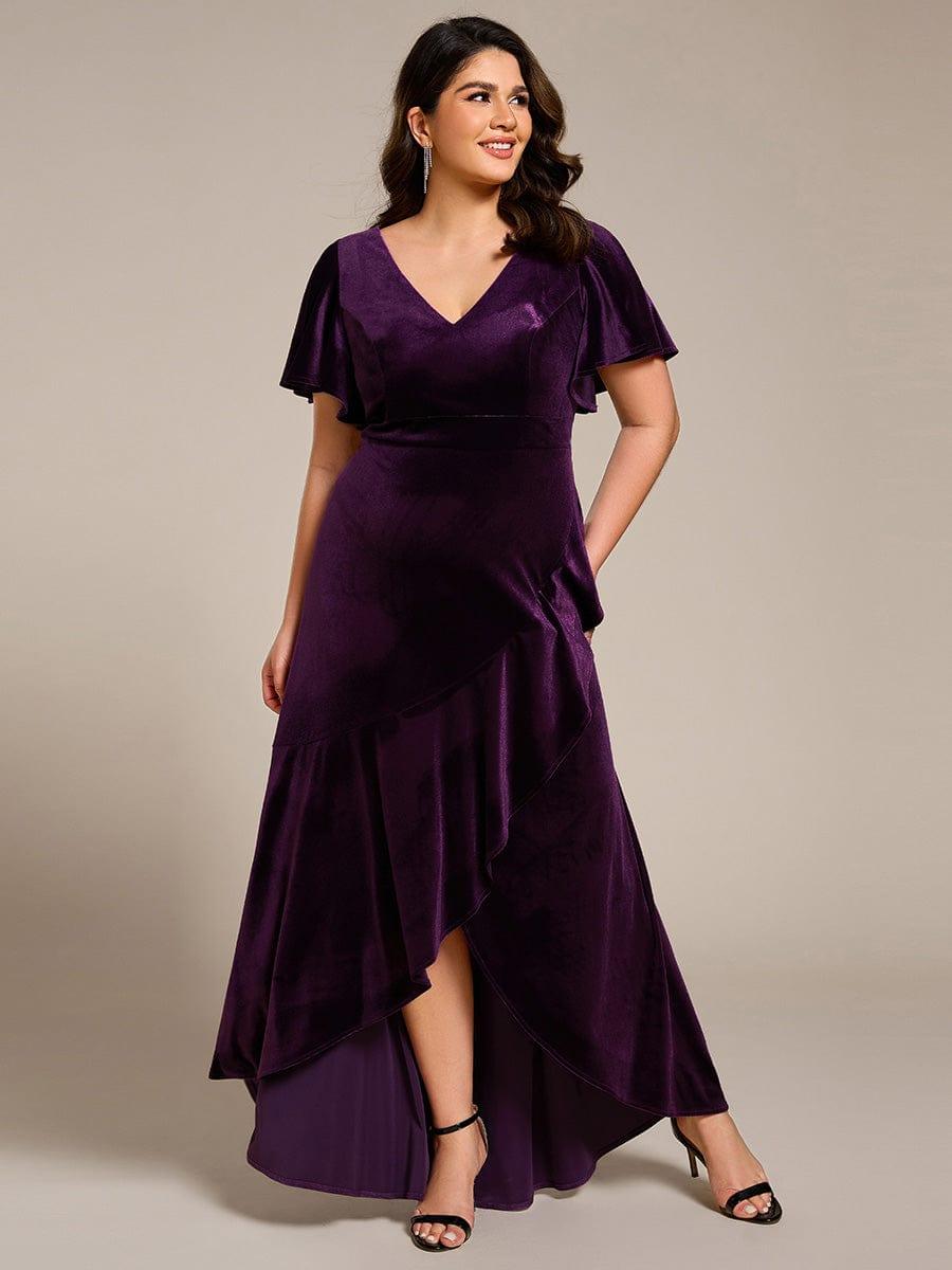 Double V-Neck Short Sleeves Stretchy Velvet Evening Dress with Lotus Leaf Hem #color_Dark Purple