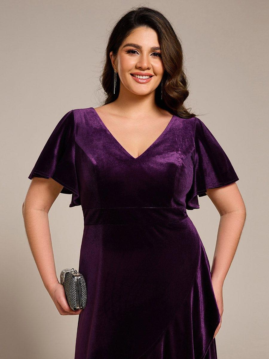 Double V-Neck Short Sleeves Stretchy Velvet Evening Dress with Lotus Leaf Hem #color_Dark Purple