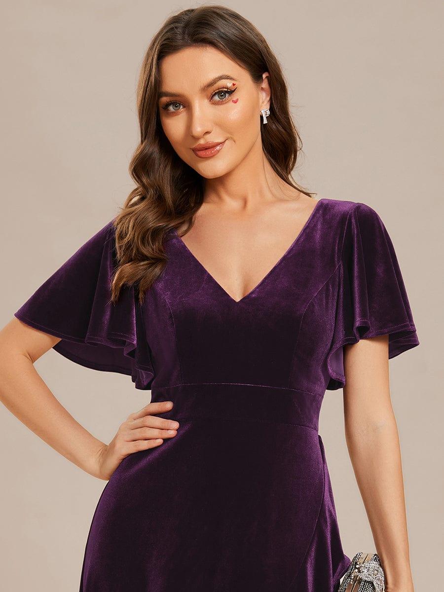 Double V-Neck Short Sleeves Stretchy Velvet Evening Dress with Lotus Leaf Hem #color_Dark Purple