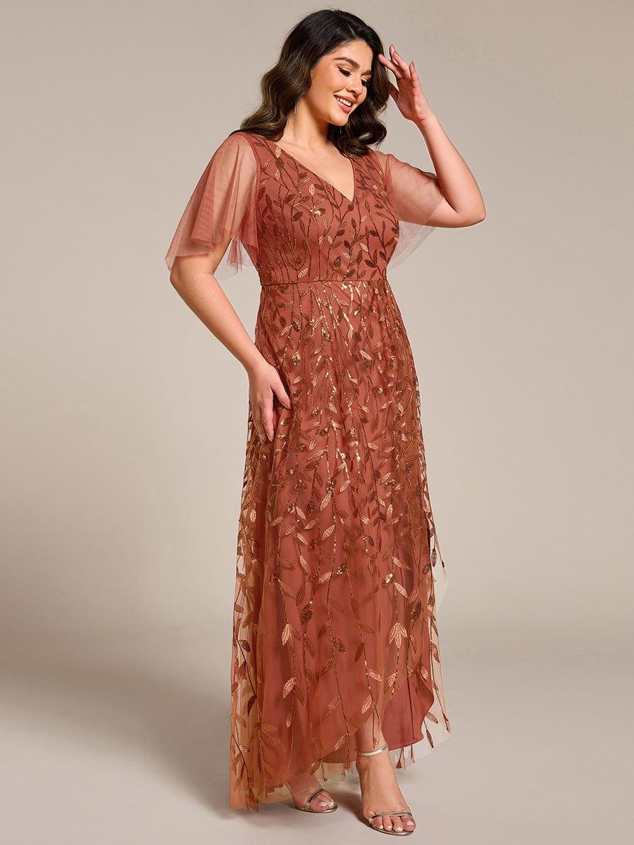 Plus Size Short Sleeves Sequin High Low V-Neck Midi Formal Evening Dress #color_Burnt Orange