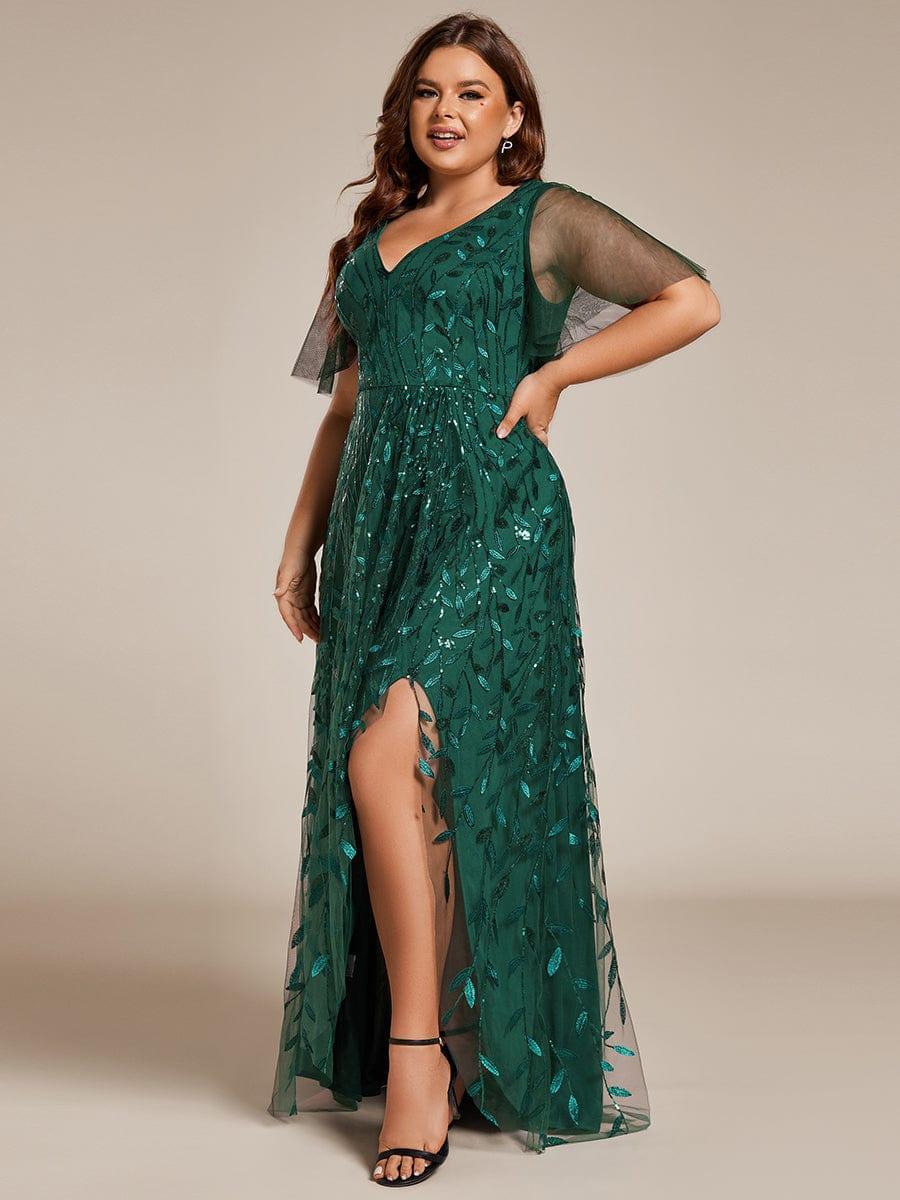 Plus Size Short Sleeves Sequin High Low V-Neck Midi Formal Evening Dress #color_Dark Green
