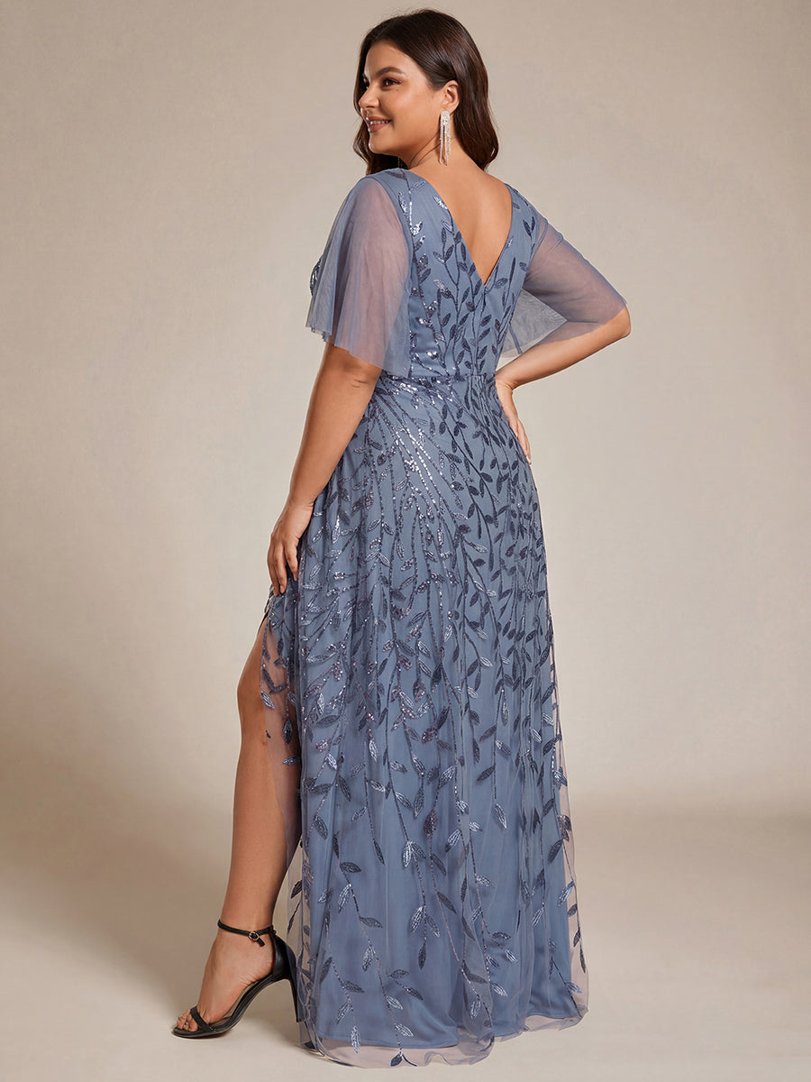 Short Sleeves Sequin High Low V-Neck Midi Formal Evening Dress #color_Dusty Blue