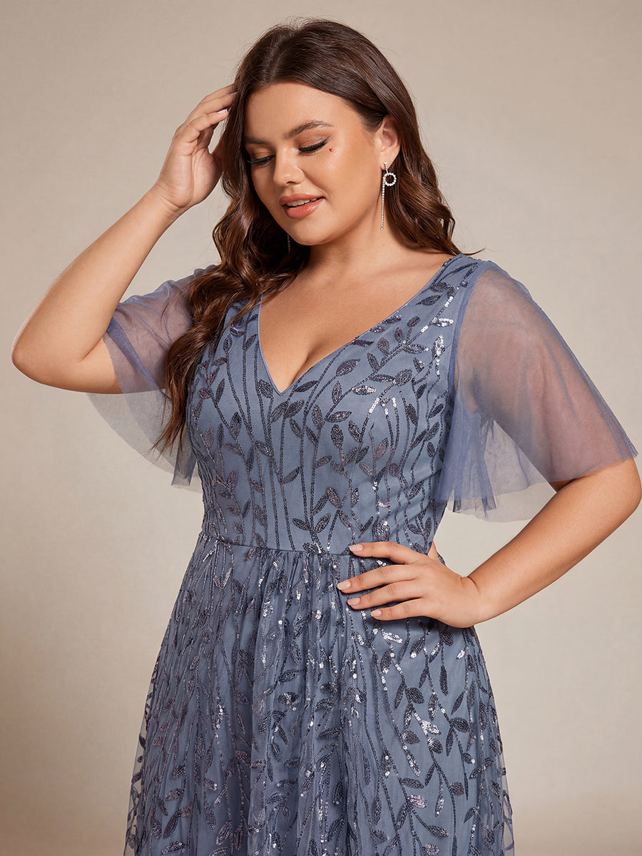 Short Sleeves Sequin High Low V-Neck Midi Formal Evening Dress #color_Dusty Blue