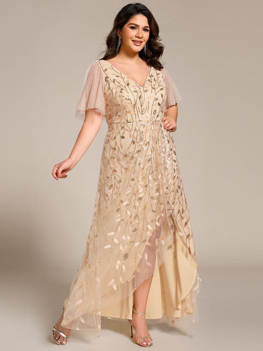 Plus Size Short Sleeves Sequin High Low V-Neck Midi Formal Evening Dress #color_Gold