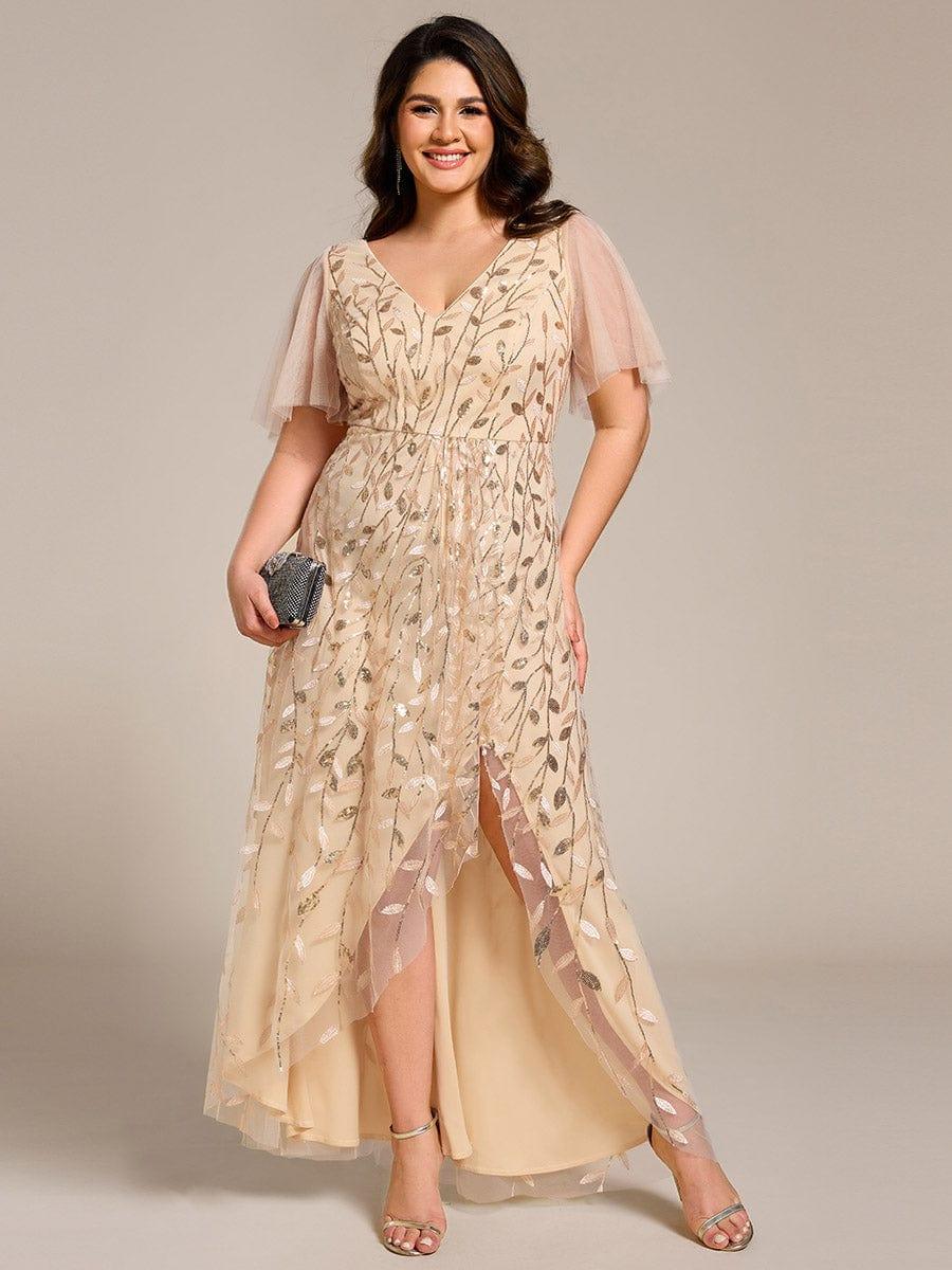 Plus Size Short Sleeves Sequin High Low V-Neck Midi Formal Evening Dress #color_Gold