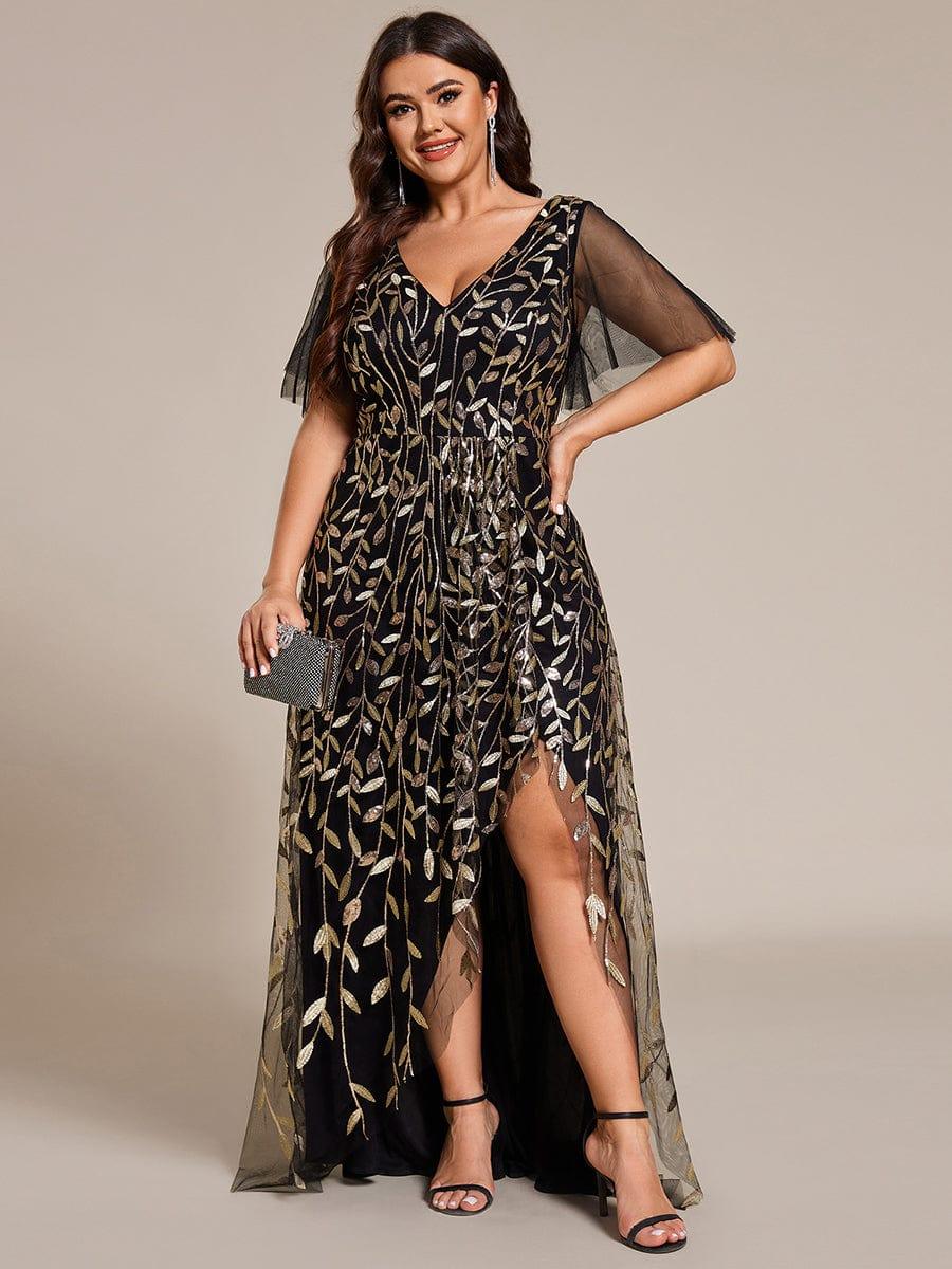 Plus Size Short Sleeves Sequin High Low V-Neck Midi Formal Evening Dress #color_Black & Gold