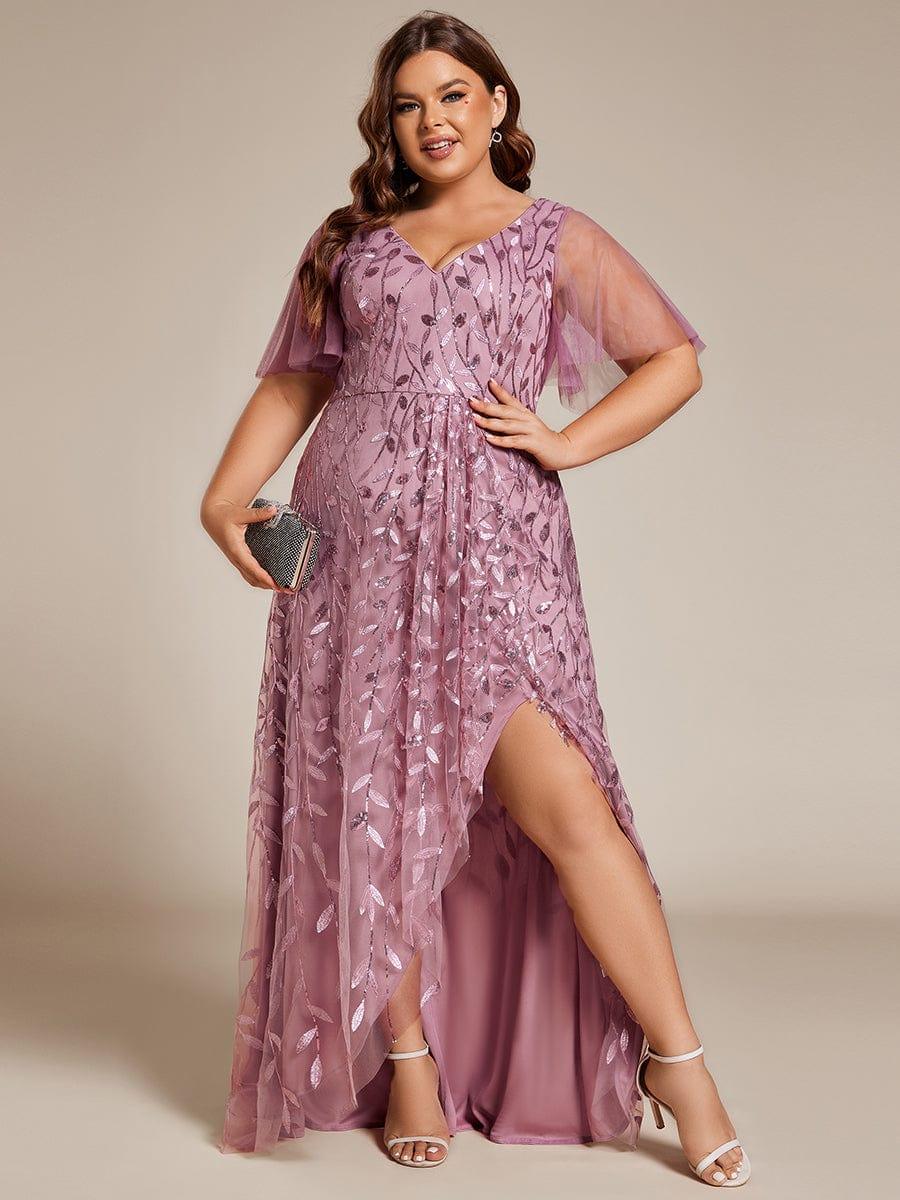 Plus Size Short Sleeves Sequin High Low V-Neck Midi Formal Evening Dress #color_Purple Orchid