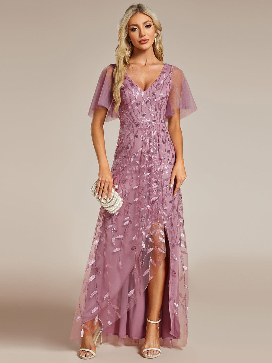Short Sleeves Sequin High Low V-Neck Midi Formal Evening Dress