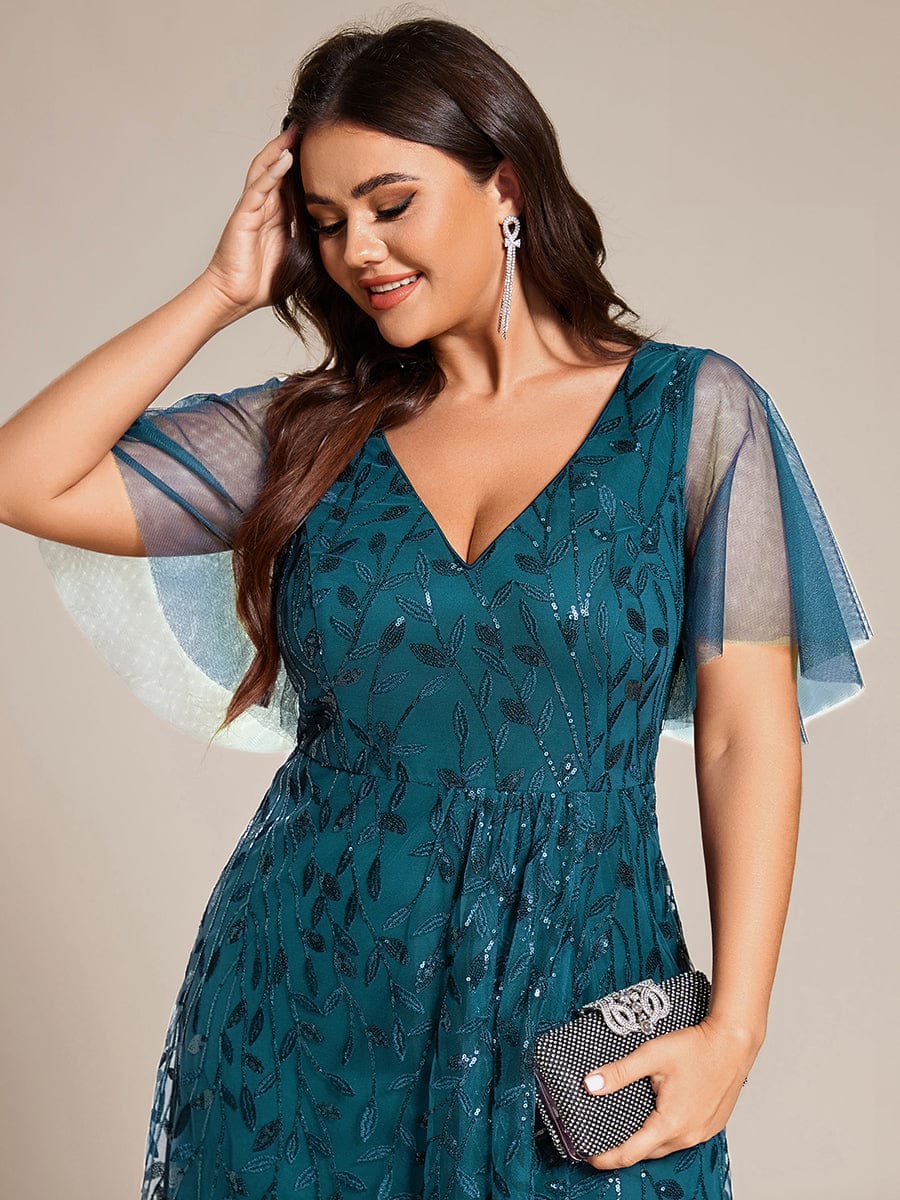 Short Sleeves Sequin High Low V-Neck Midi Formal Evening Dress #color_Teal