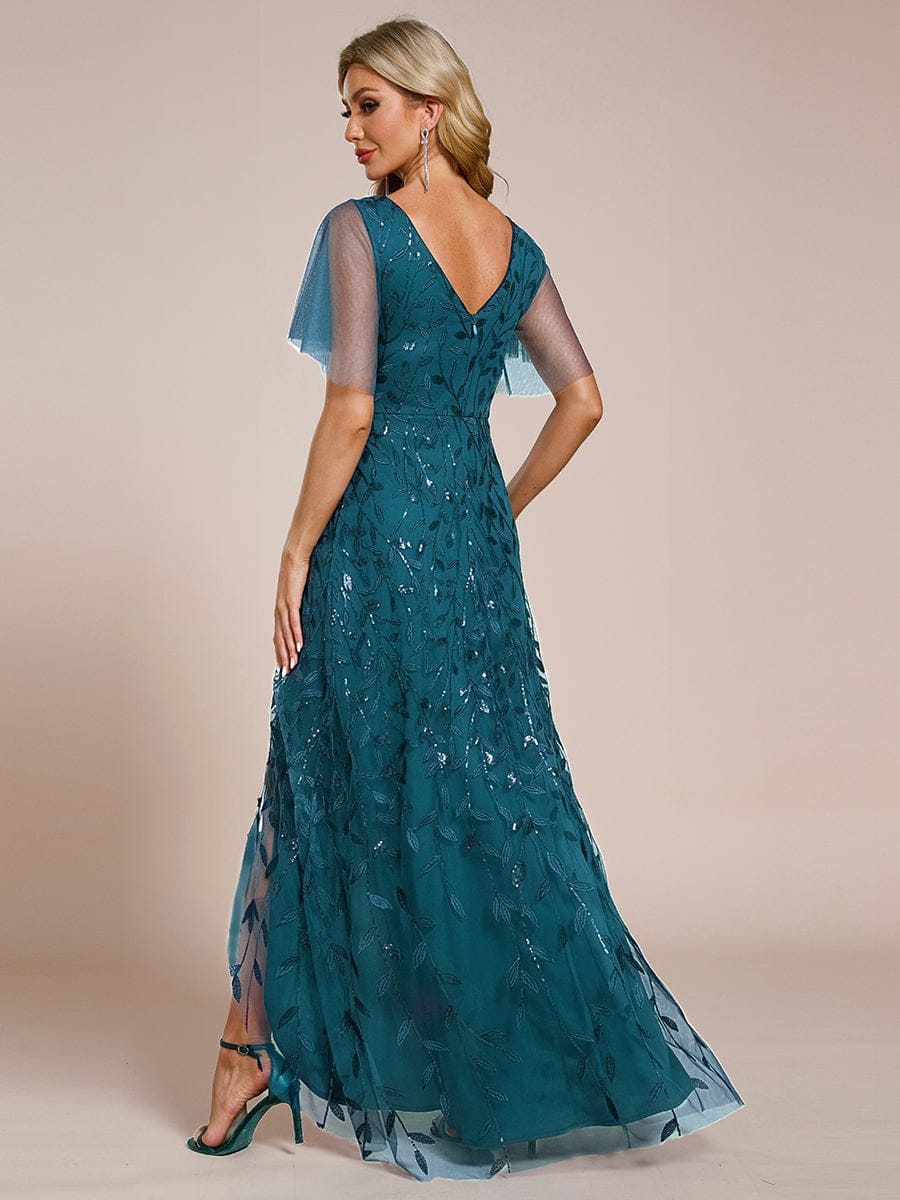 Short Sleeves Sequin High Low V-Neck Midi Formal Evening Dress #color_Teal