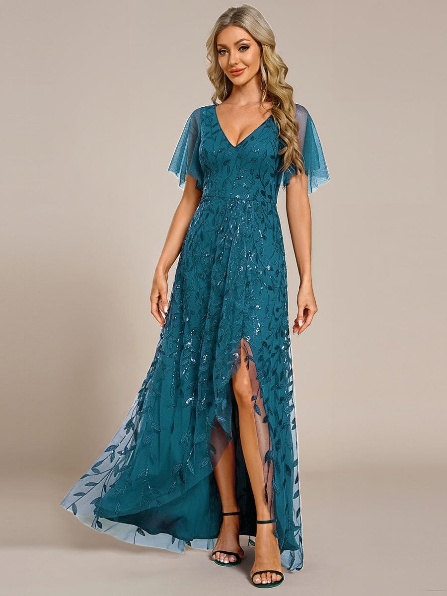 Short Sleeves Sequin High Low V-Neck Midi Formal Evening Dress #color_Teal