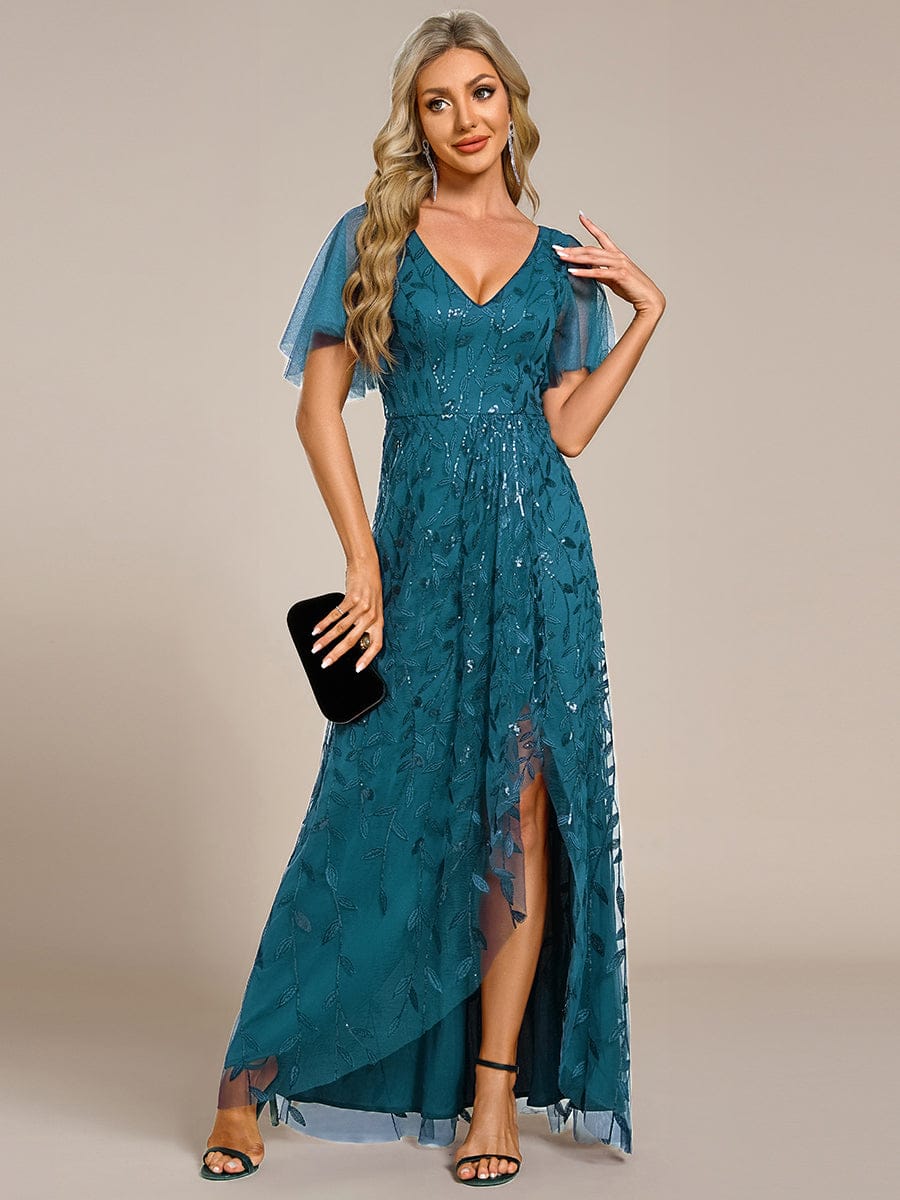 Short Sleeves Sequin High Low V-Neck Midi Formal Evening Dress #color_Teal