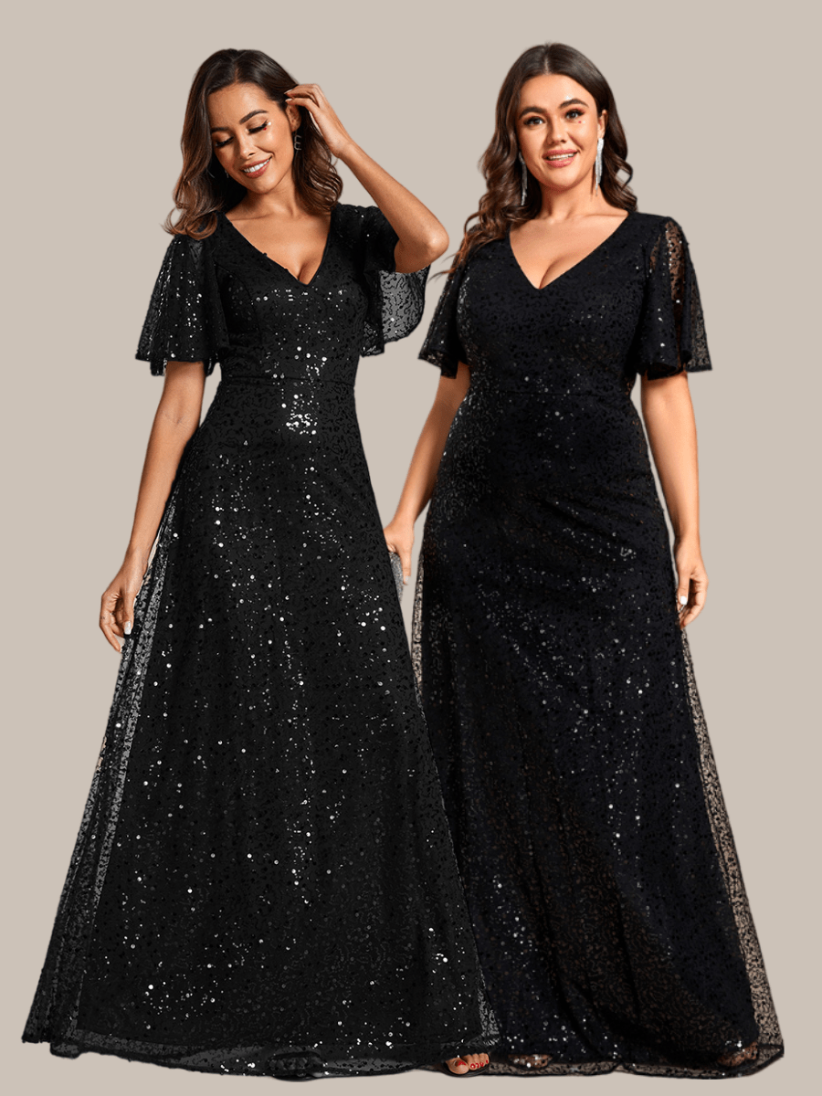Shimmering All Over Sequin Short Sleeves A-Line Formal Evening Dress #color_Burgundy