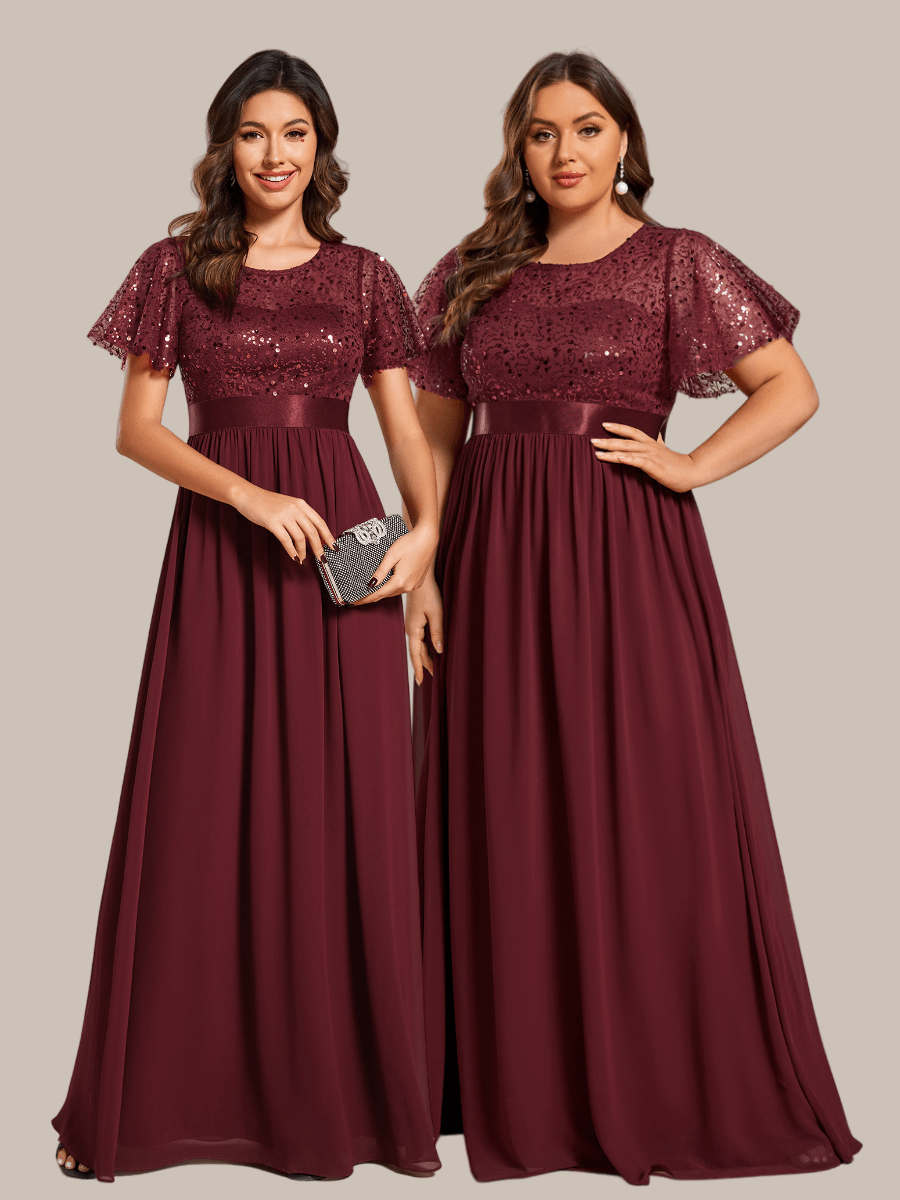 Round-Neck Sequin High Waist Short-Sleeved Formal Evening Dress #color_Burgundy