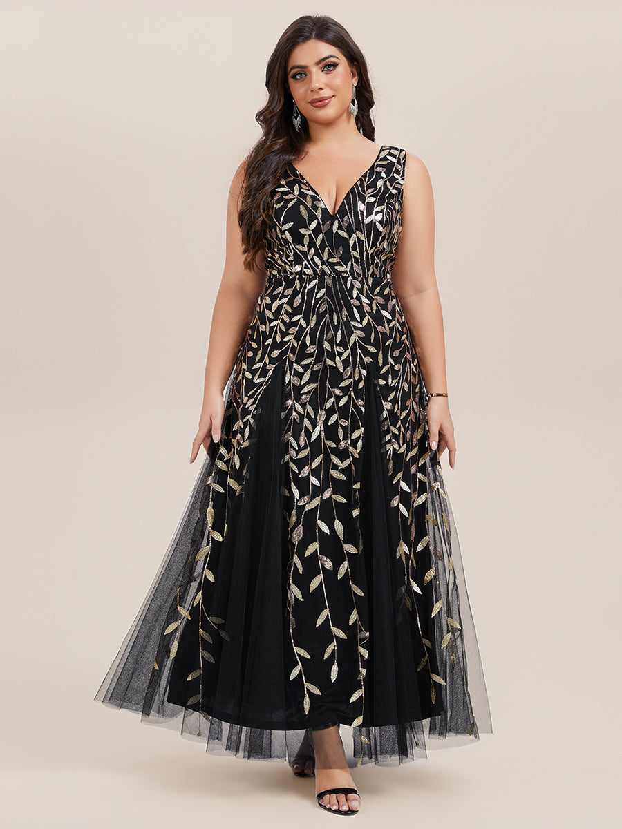 V-Neck Leaf Sequin Sleeveless A-Line Formal Evening Dress with Tulle #color_Black & Gold