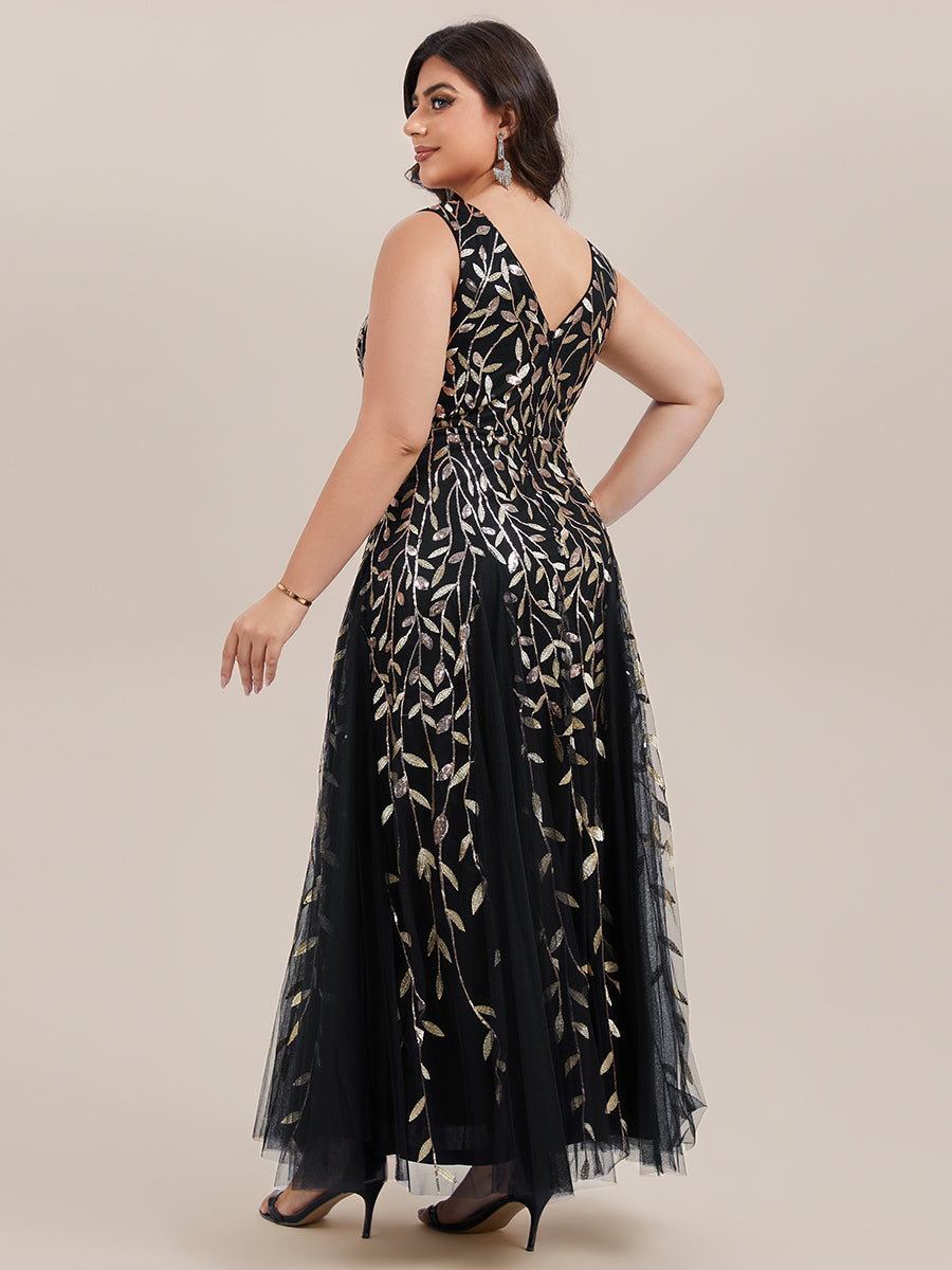 V-Neck Leaf Sequin Sleeveless A-Line Formal Evening Dress with Tulle #color_Black & Gold
