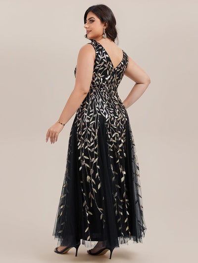 Plus Size Sparkling Sleeveless Leaf Sequin A-Line Formal Evening Dress #color_Black & Gold