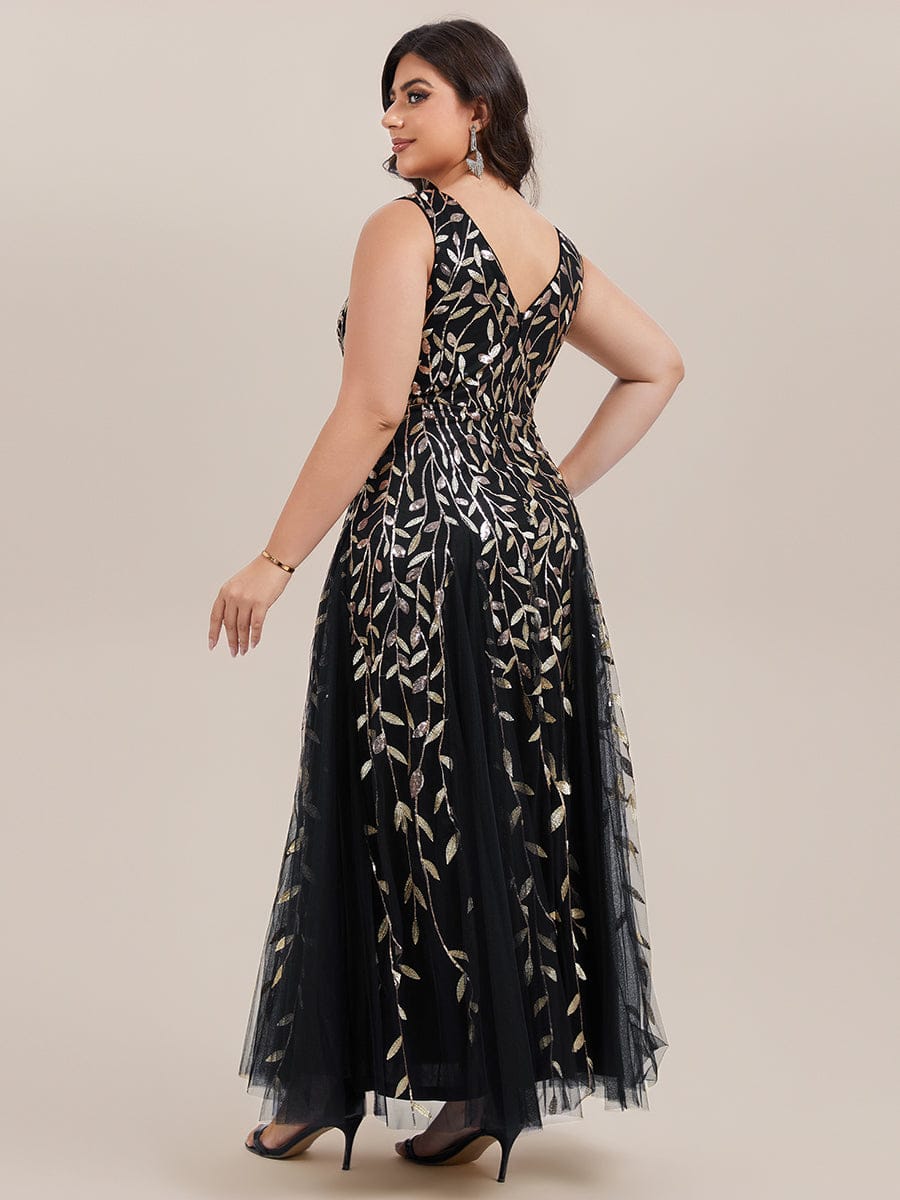 Plus Size Sparkling Sleeveless Leaf Sequin A-Line Formal Evening Dress #color_Black & Gold