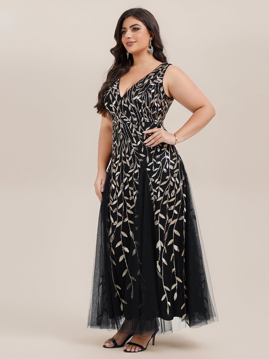 Plus Size Sparkling Sleeveless Leaf Sequin A-Line Formal Evening Dress #color_Black & Gold