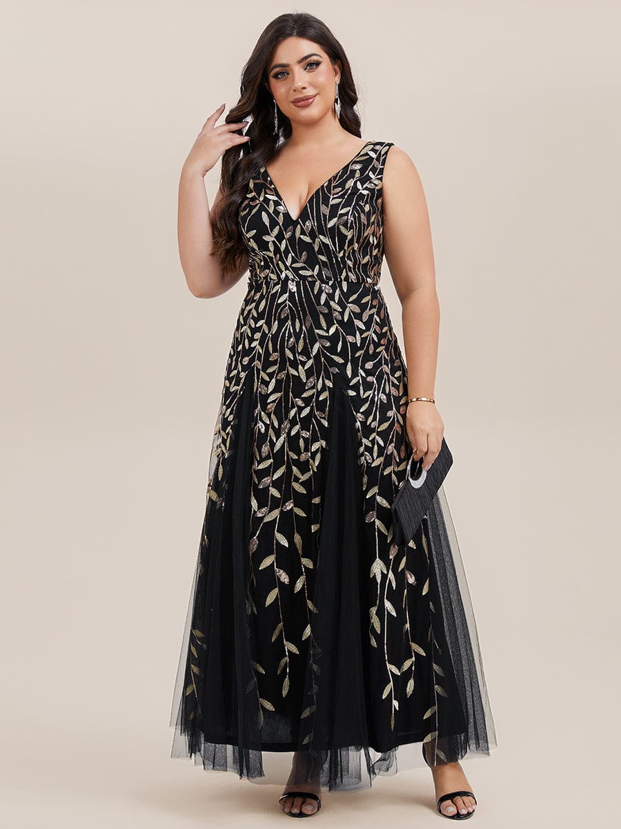 Plus Size Sparkling Sleeveless Leaf Sequin A-Line Formal Evening Dress #color_Black & Gold