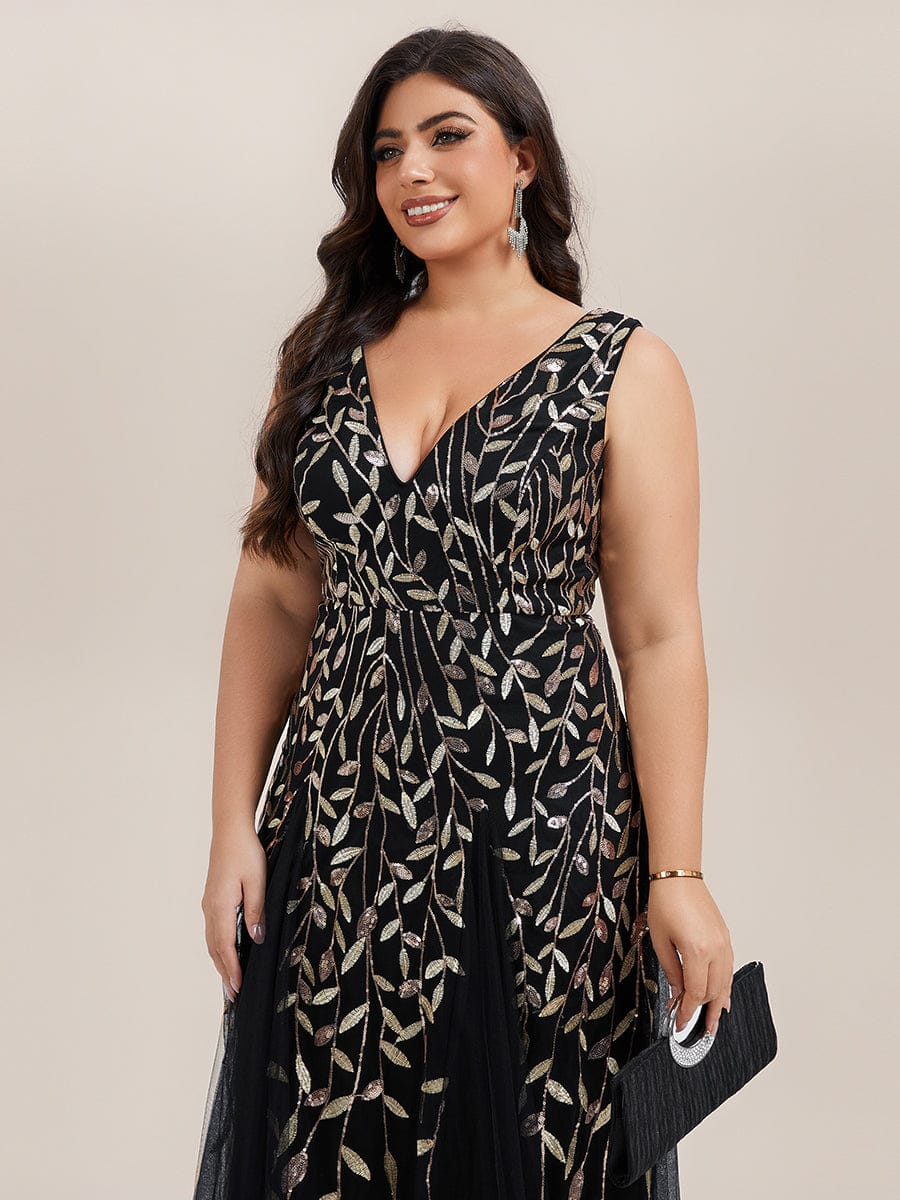 Plus Size Sparkling Sleeveless Leaf Sequin A-Line Formal Evening Dress #color_Black & Gold