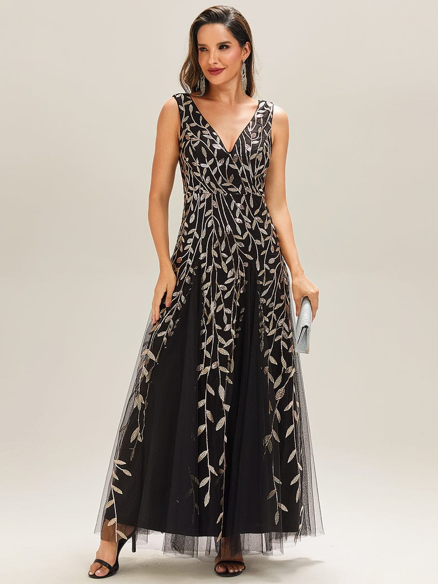V-Neck Leaf Sequin Sleeveless A-Line Formal Evening Dress with Tulle #color_Black & Gold