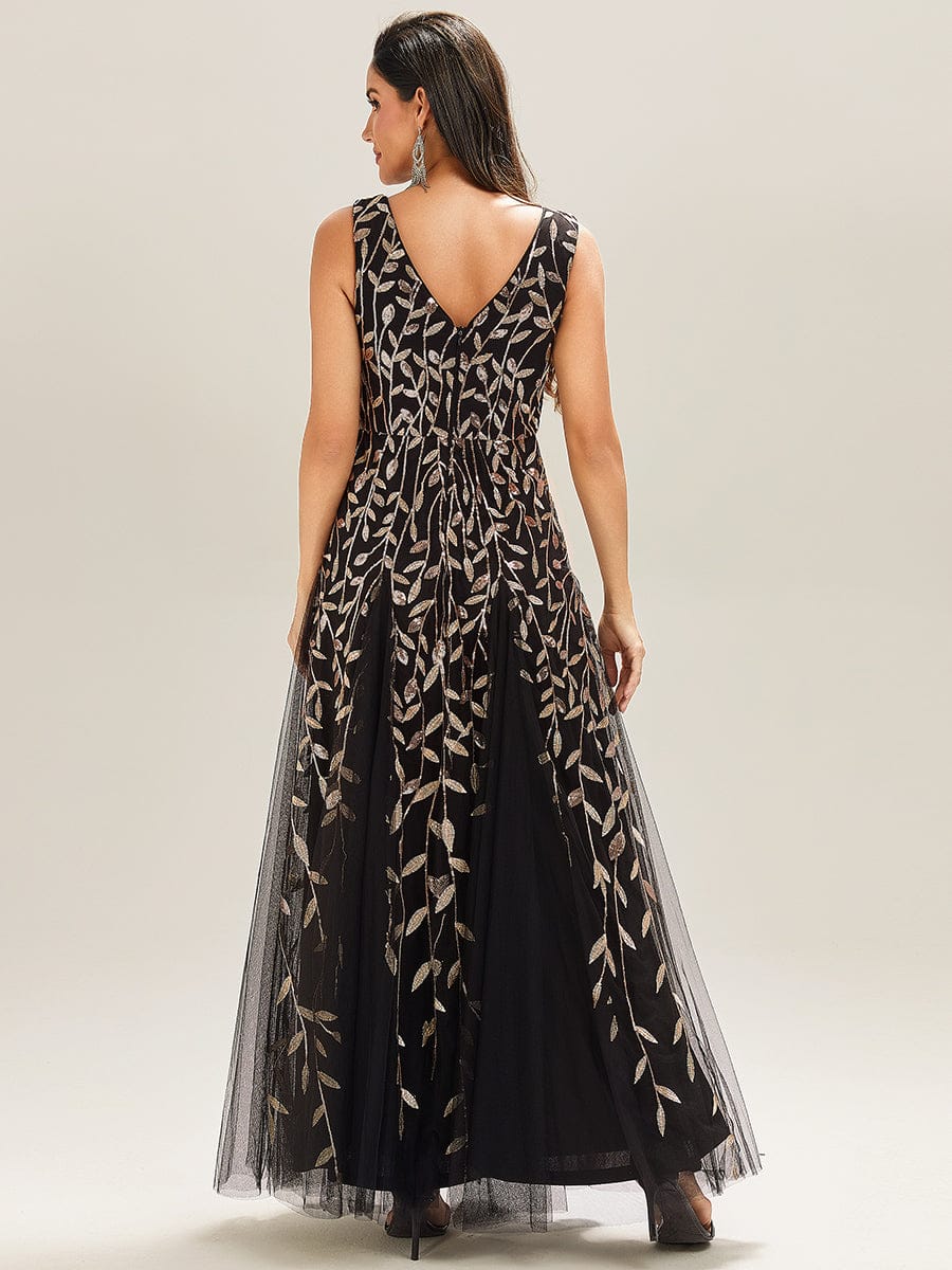 V-Neck Leaf Sequin Sleeveless A-Line Formal Evening Dress with Tulle #color_Black & Gold