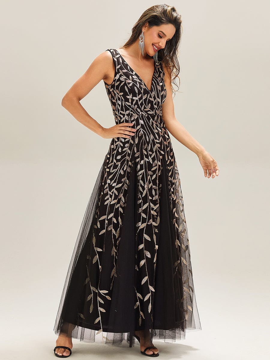 V-Neck Leaf Sequin Sleeveless A-Line Formal Evening Dress with Tulle #color_Black & Gold