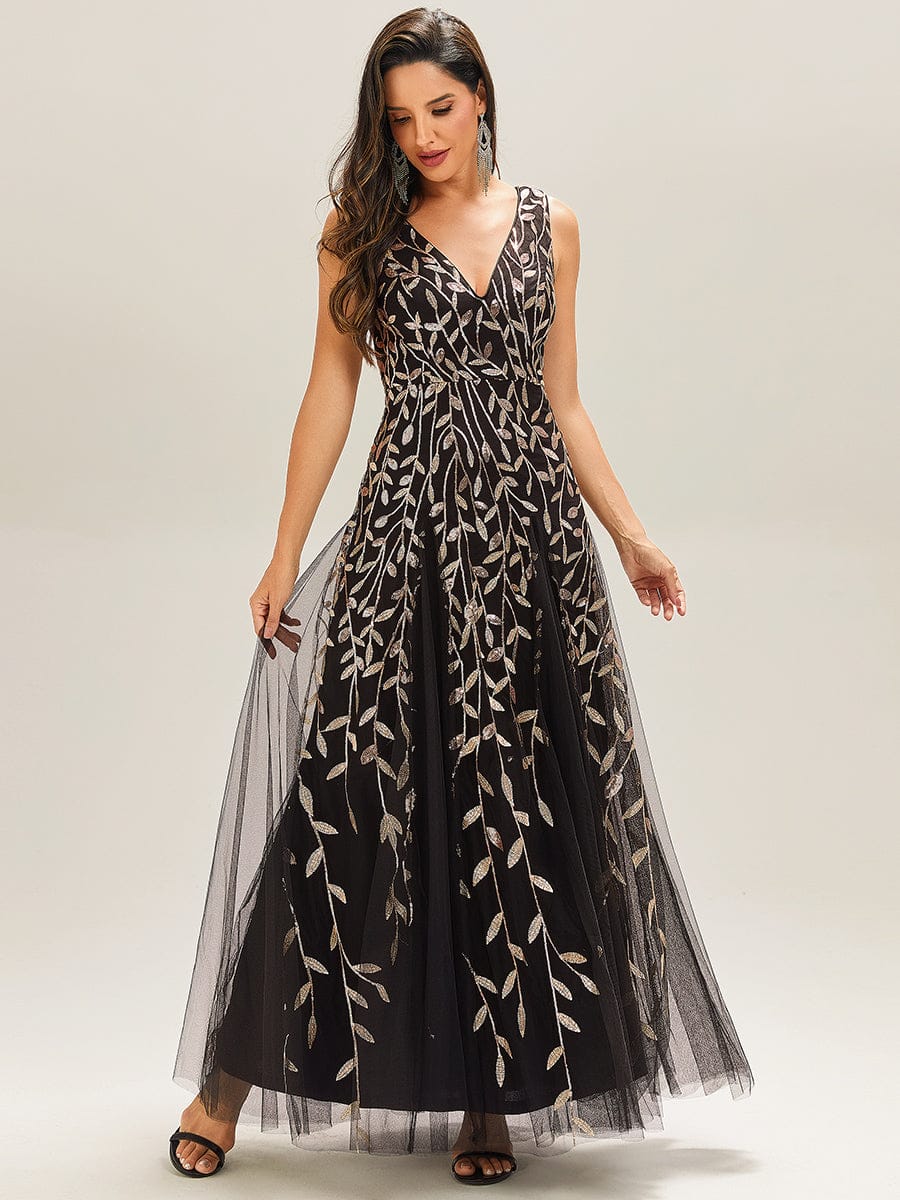 V-Neck Leaf Sequin Sleeveless A-Line Formal Evening Dress with Tulle #color_Black & Gold