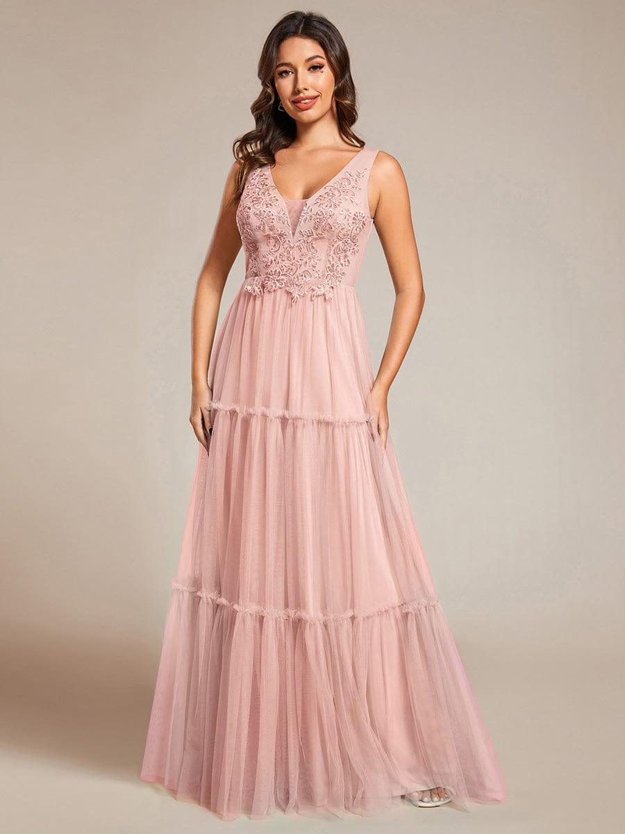 Chic See-Through Sleeveless Tulle Evening Dress with Applique #color_Pink