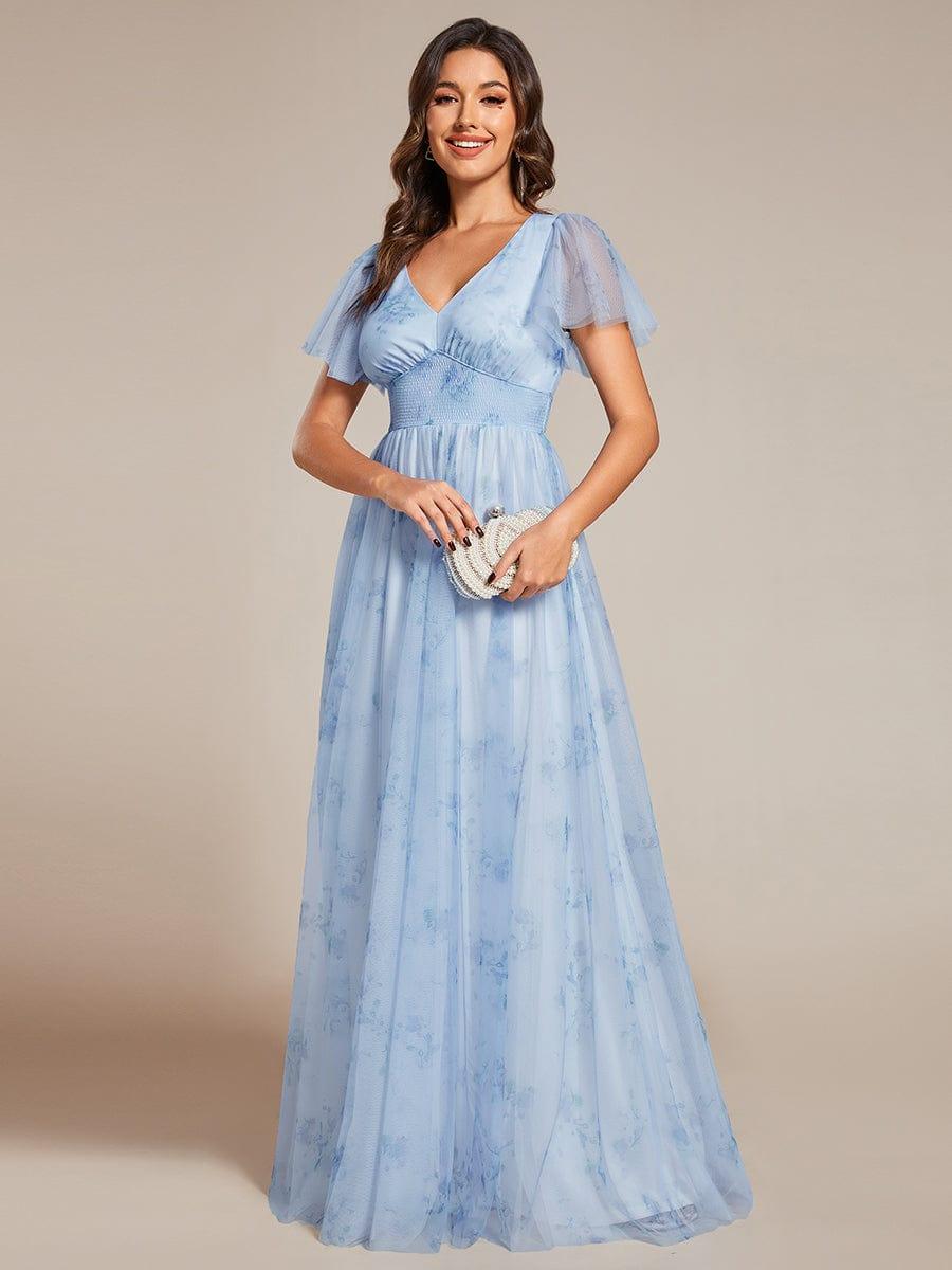Eleganct Floral Tulle V-Neck Short Sleeve Formal Evening Dress #color_Ice Blue