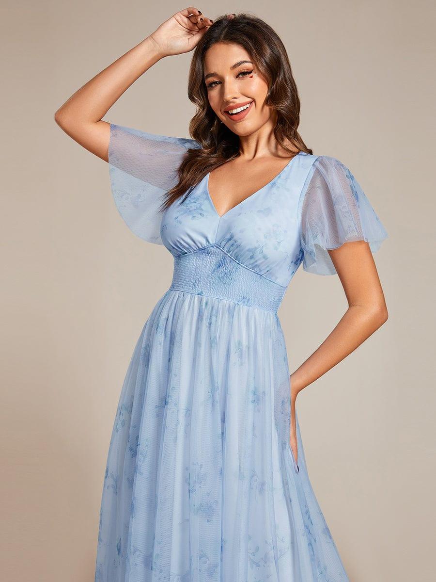 Eleganct Floral Tulle V-Neck Short Sleeve Formal Evening Dress #color_Ice Blue