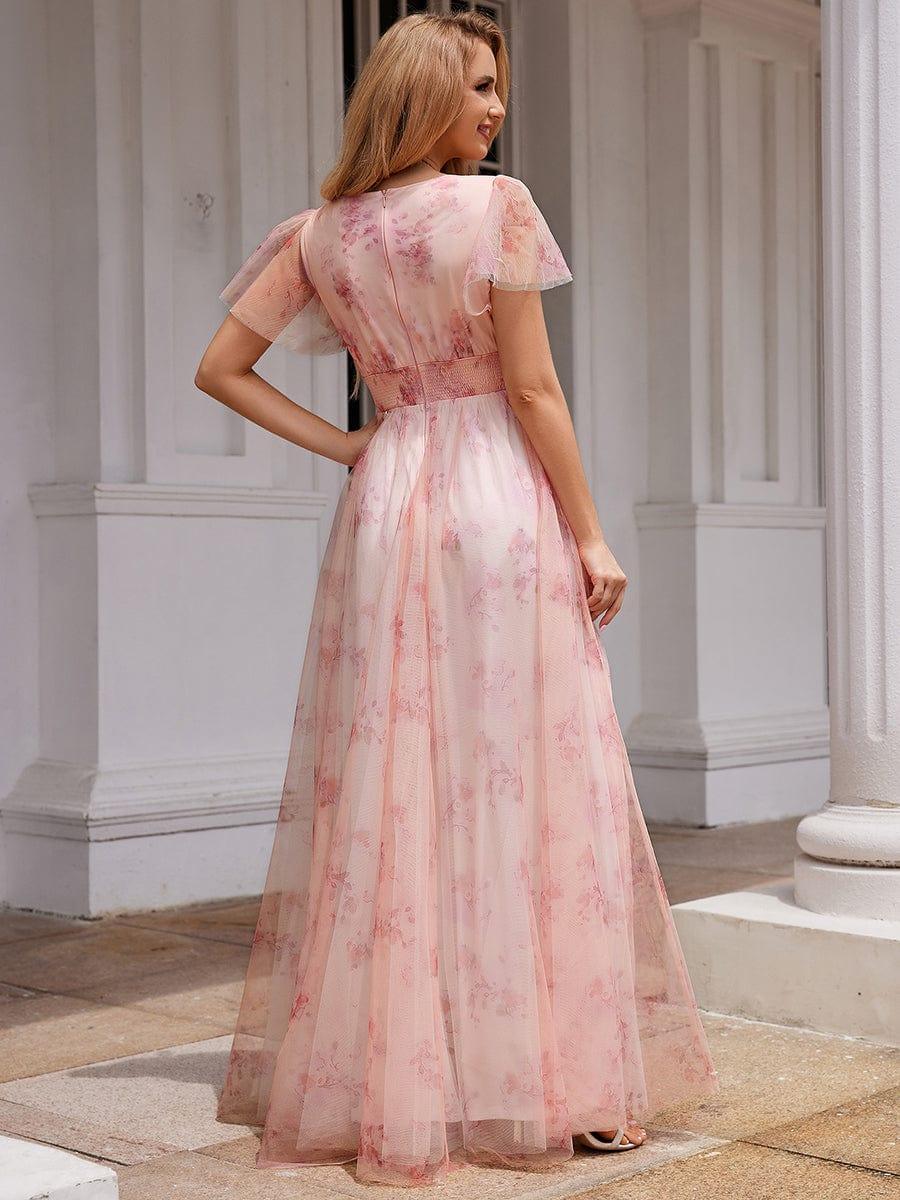 Eleganct Floral Tulle V-Neck Short Sleeve Formal Evening Dress #color_Pink