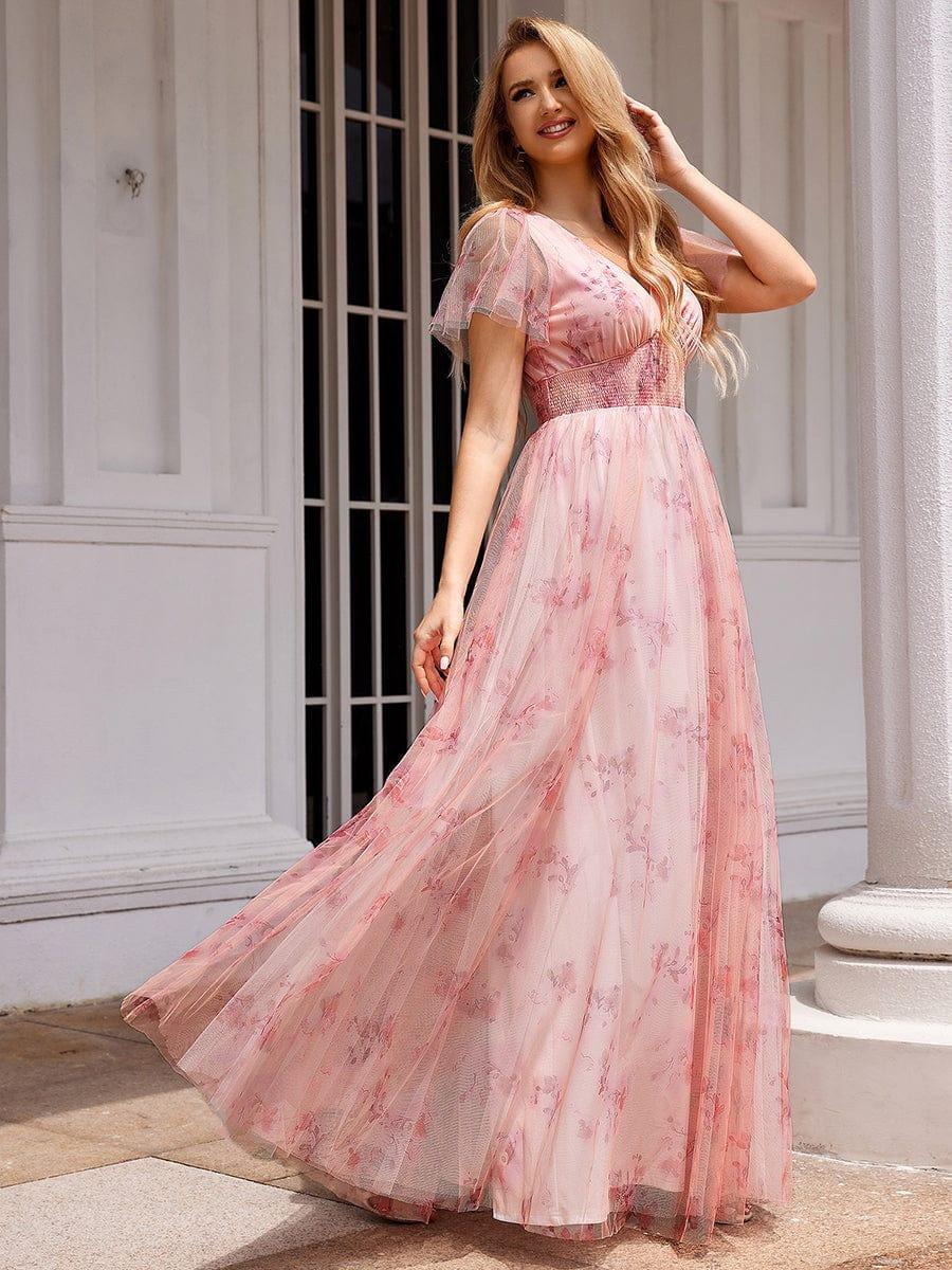 Eleganct Floral Tulle V-Neck Short Sleeve Formal Evening Dress #color_Pink