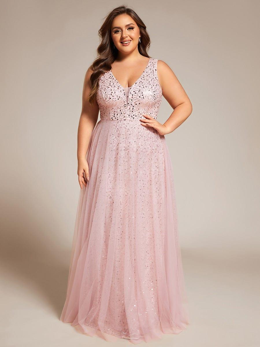 Plus Size Sequin V-Neck Sleeveless Empire Waist Tulle Formal Evening Dress #color_Pink