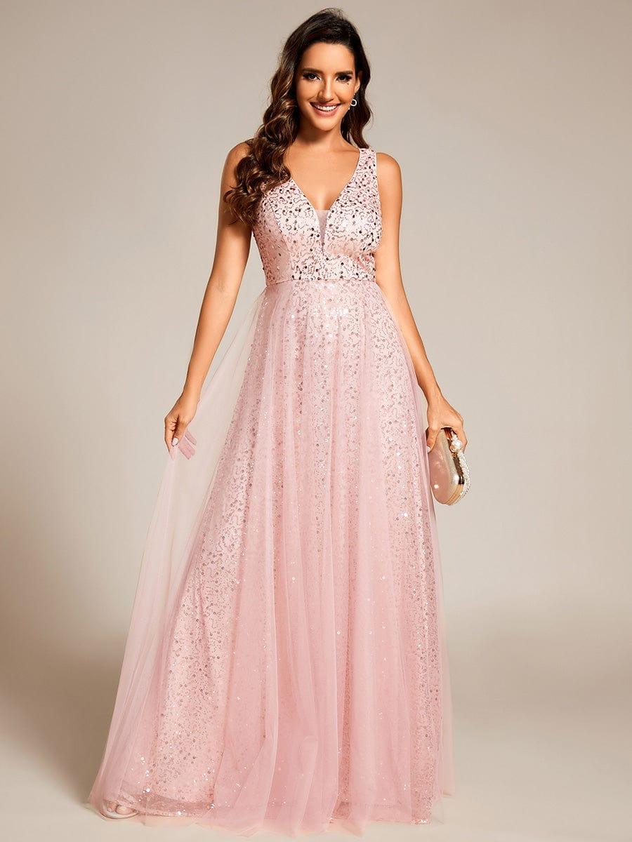 V-Neck Sleeveless High-Waist See-Through Sequin Tulle Evening Dress #color_Pink