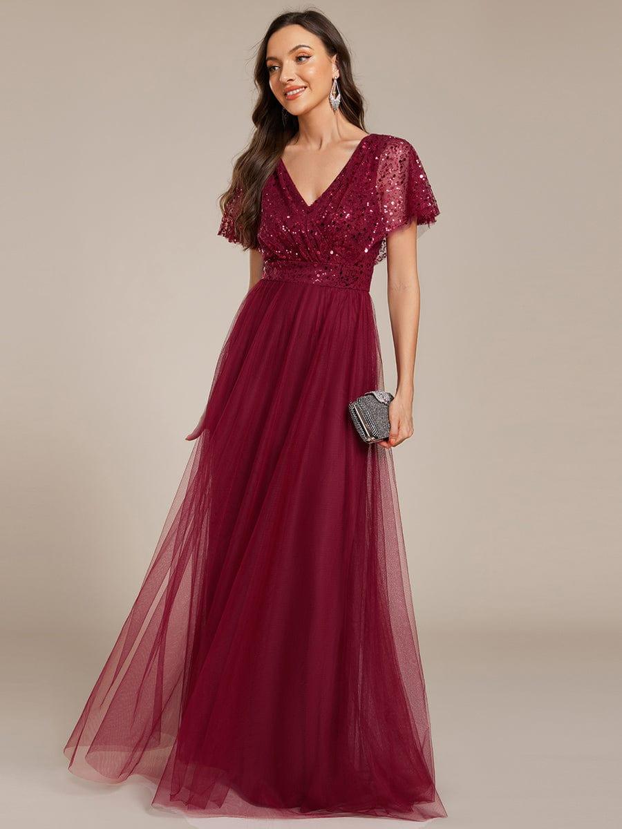 Sparkly Sequin A-Line V-Neck Tulle Formal Evening Dress #color_Burgundy