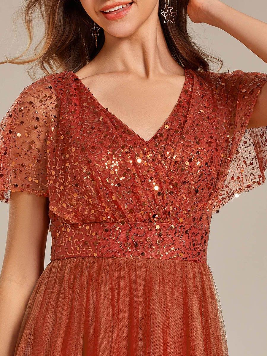 Sparkly Sequin A-Line V-Neck Tulle Formal Evening Dress #color_Burnt Orange