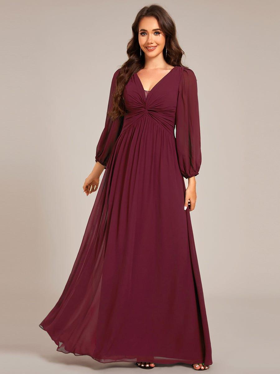 Graceful Chiffon A-Line Pleated Long Sleeves Formal Evening Dress #color_Burgundy