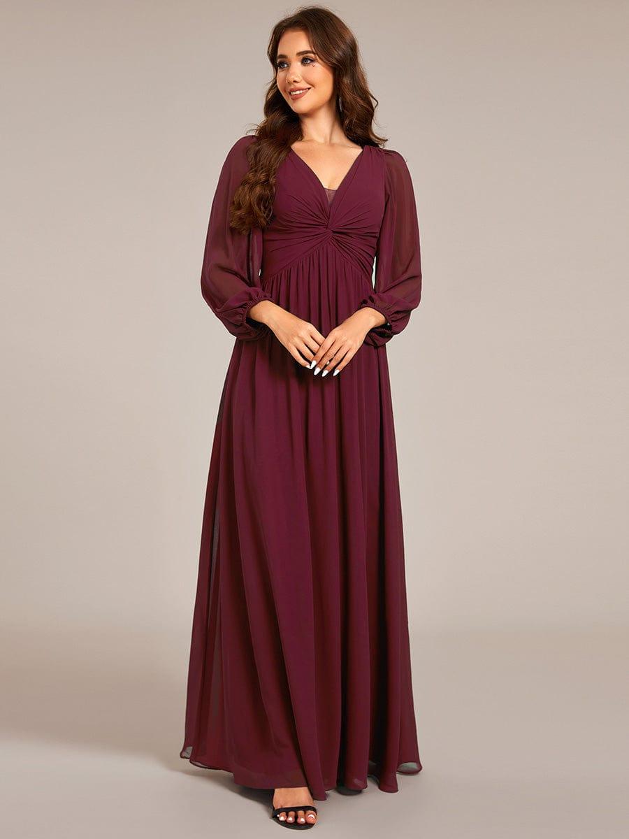 Graceful Chiffon A-Line Pleated Long Sleeves Formal Evening Dress #color_Burgundy