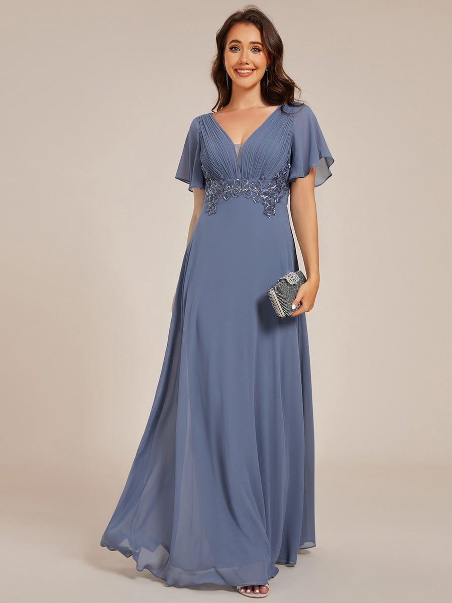 Plus Size Short Sleeve Waist Applique V-Neck Maxi Formal Evening Dress #color_Dusty Blue