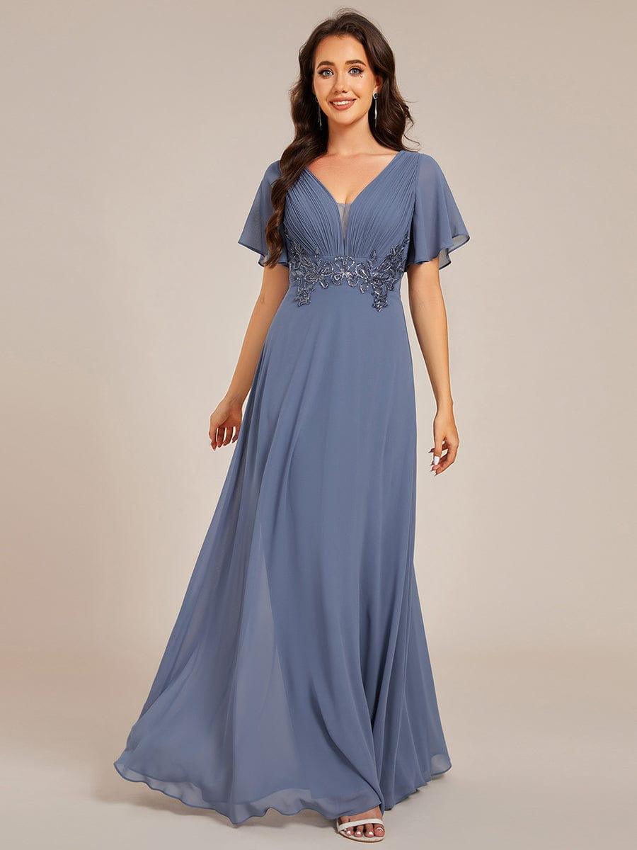 Plus Size Short Sleeve Waist Applique V-Neck Maxi Formal Evening Dress #color_Dusty Blue