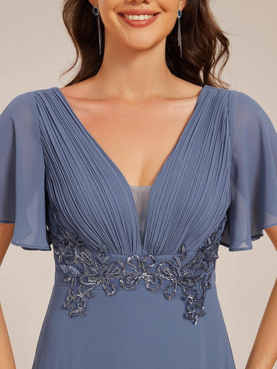 Plus Size Short Sleeve Waist Applique V-Neck Maxi Formal Evening Dress #color_Dusty Blue
