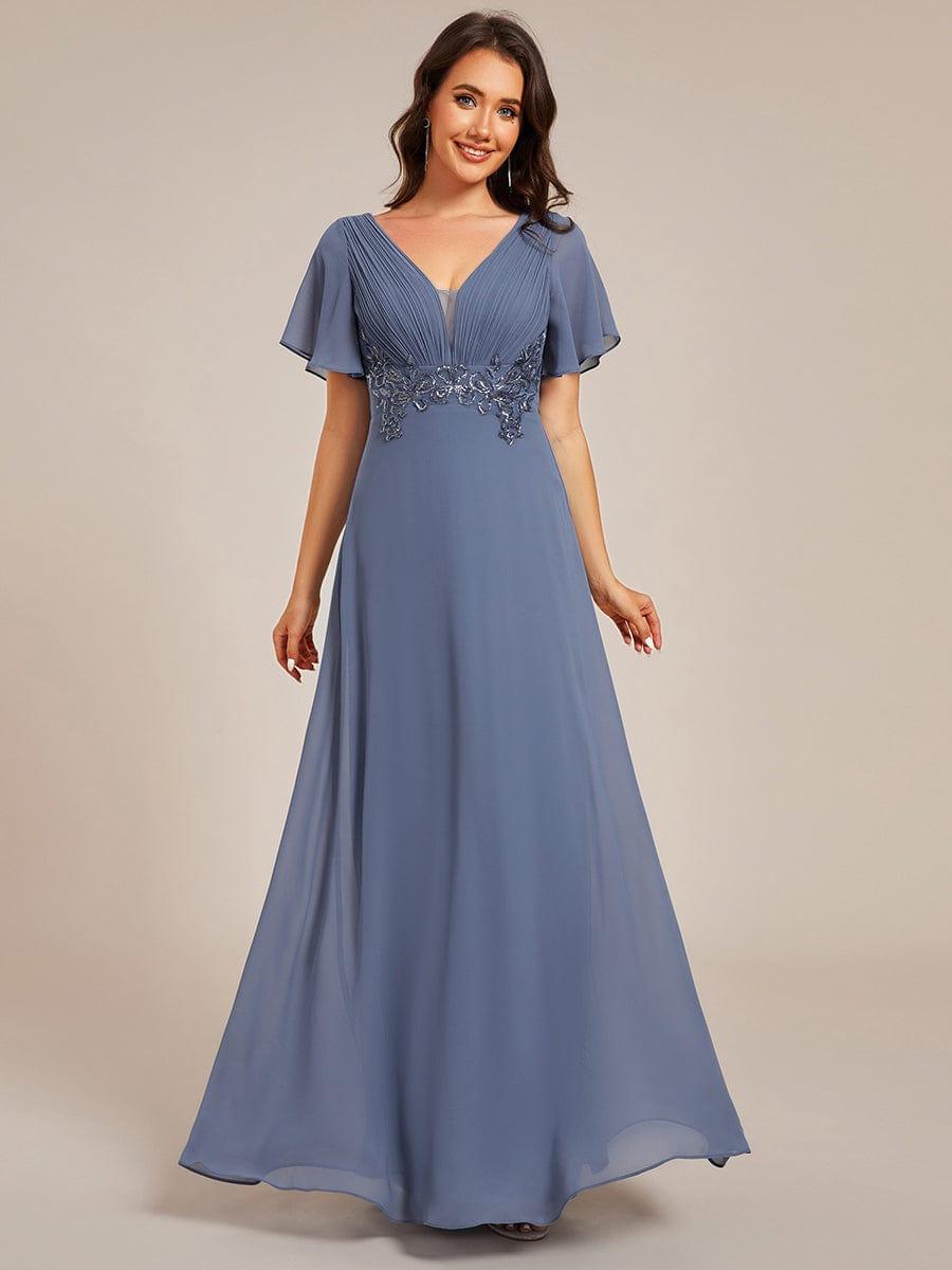 Plus Size Short Sleeve Waist Applique V-Neck Maxi Formal Evening Dress #color_Dusty Blue