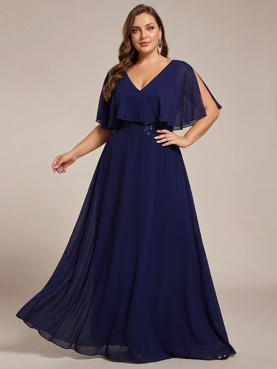 Plus Size Chiffon Formal Maxi Dress with Batwing Sleeves #color_Navy Blue