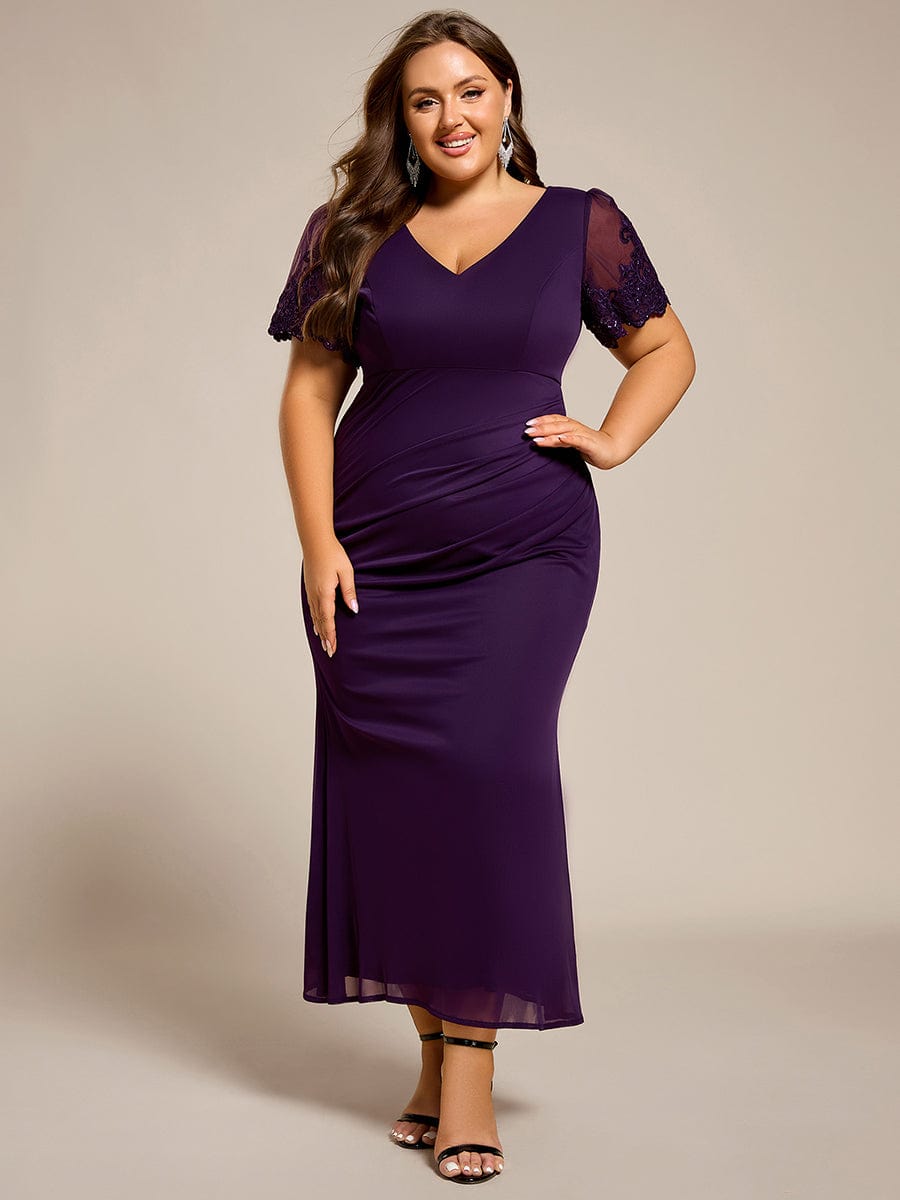 Plus Size Short Sleeve Fishtail V-Neck Beaded Formal Dress #color_Dark Purple
