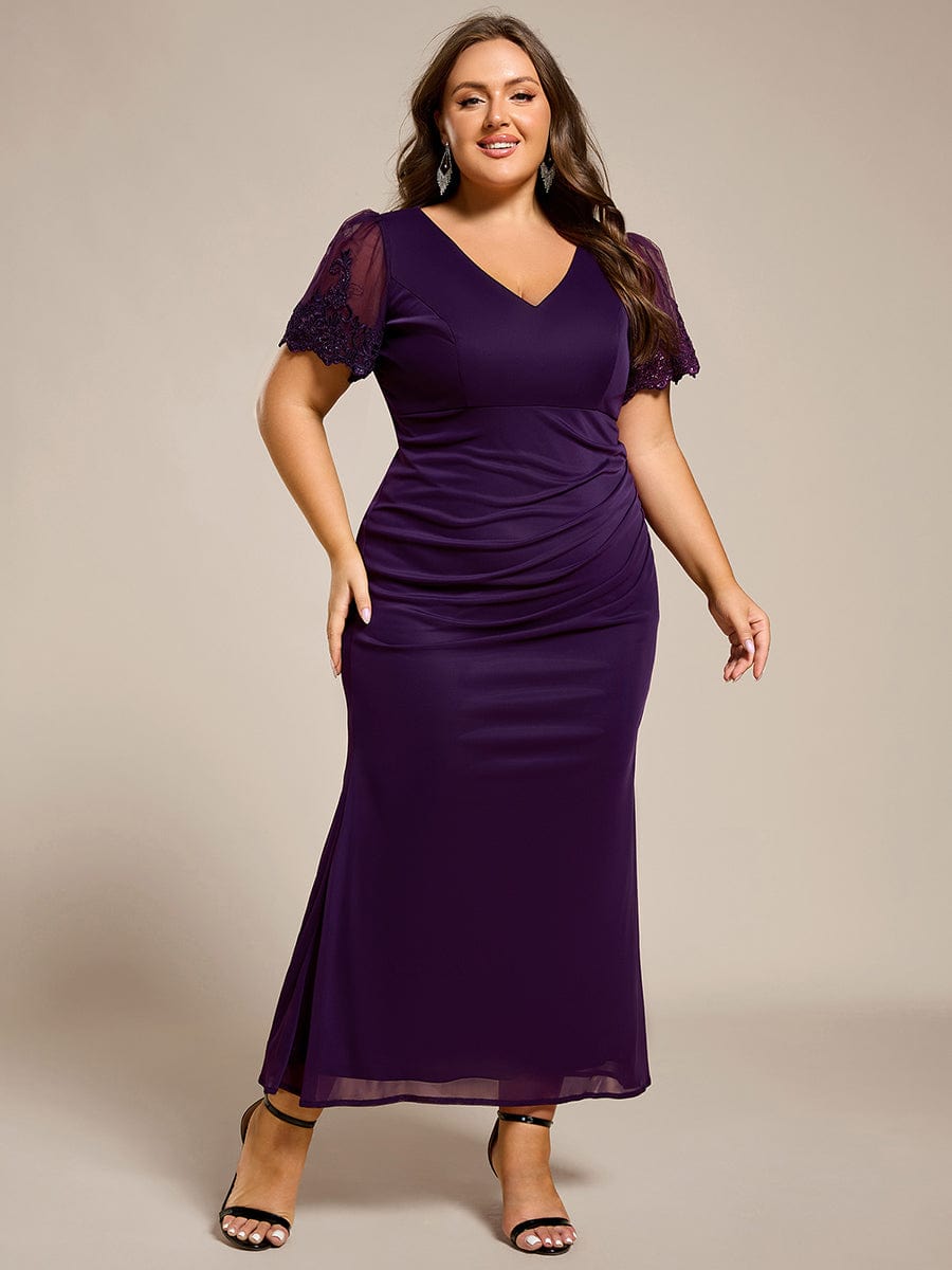 Plus Size Short Sleeve Fishtail V-Neck Beaded Formal Dress #color_Dark Purple
