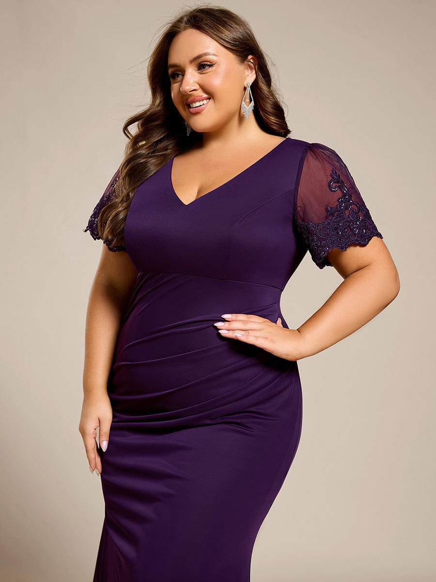 Plus Size Short Sleeve Fishtail V-Neck Beaded Formal Dress #color_Dark Purple